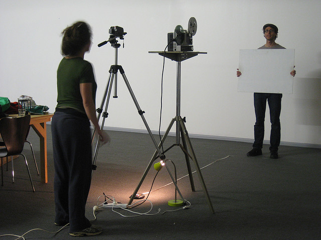 Louise Curham and Lucas Ihlein testing technical setup of (Wo)man with Mirror, 2009